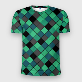 Мужская футболка 3D Slim с принтом Зеленый клетчатый узор изумрудный в Новосибирске, 100% полиэстер с улучшенными характеристиками | приталенный силуэт, круглая горловина, широкие плечи, сужается к линии бедра | в клетку | геометрический узор | зеленый | зеленый узор | клетка | клетчатый