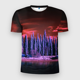 Мужская футболка 3D Slim с принтом Абстрактный фиолетовый лес и тёмная река в Белгороде, 100% полиэстер с улучшенными характеристиками | приталенный силуэт, круглая горловина, широкие плечи, сужается к линии бедра | abstraction | art | artwork | colorful | colors | dark | darkness | forest | graphics | patterns | river | surrealism | sweethuman | sweethumen | абстракция | арт | графика | искусство | лес | разноцветный | река | сюрреализм | темнота | тьма | узоры | цв