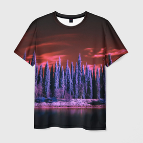 Мужская футболка 3D с принтом Абстрактный фиолетовый лес и тёмная река в Белгороде, 100% полиэфир | прямой крой, круглый вырез горловины, длина до линии бедер | abstraction | art | artwork | colorful | colors | dark | darkness | forest | graphics | patterns | river | surrealism | sweethuman | sweethumen | абстракция | арт | графика | искусство | лес | разноцветный | река | сюрреализм | темнота | тьма | узоры | цв