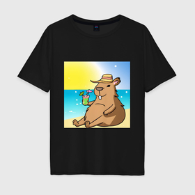Мужская футболка хлопок Oversize с принтом Капибара на пляже в Петрозаводске, 100% хлопок | свободный крой, круглый ворот, “спинка” длиннее передней части | капибара | лето | отдых | пляж