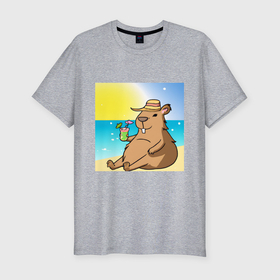 Мужская футболка хлопок Slim с принтом Капибара на пляже , 92% хлопок, 8% лайкра | приталенный силуэт, круглый вырез ворота, длина до линии бедра, короткий рукав | капибара | лето | отдых | пляж