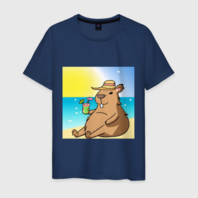 Мужская футболка хлопок с принтом Капибара на пляже в Тюмени, 100% хлопок | прямой крой, круглый вырез горловины, длина до линии бедер, слегка спущенное плечо. | капибара | лето | отдых | пляж