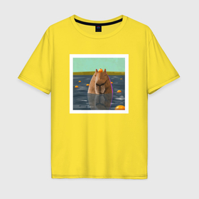 Мужская футболка хлопок Oversize с принтом Капибара и мандарины , 100% хлопок | свободный крой, круглый ворот, “спинка” длиннее передней части | capybara | kapibara | животное | капибара
