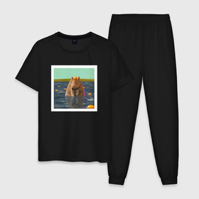 Мужская пижама хлопок с принтом Капибара и мандарины в Тюмени, 100% хлопок | брюки и футболка прямого кроя, без карманов, на брюках мягкая резинка на поясе и по низу штанин
 | capybara | kapibara | животное | капибара