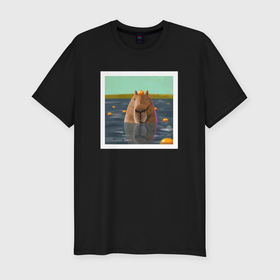 Мужская футболка хлопок Slim с принтом Капибара и мандарины в Новосибирске, 92% хлопок, 8% лайкра | приталенный силуэт, круглый вырез ворота, длина до линии бедра, короткий рукав | capybara | kapibara | животное | капибара