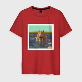 Мужская футболка хлопок с принтом Капибара и мандарины в Петрозаводске, 100% хлопок | прямой крой, круглый вырез горловины, длина до линии бедер, слегка спущенное плечо. | capybara | kapibara | животное | капибара