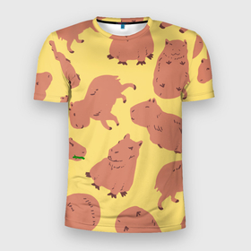 Мужская футболка 3D Slim с принтом Паттенрн из капибар в Тюмени, 100% полиэстер с улучшенными характеристиками | приталенный силуэт, круглая горловина, широкие плечи, сужается к линии бедра | capybara | kapibara | животное | капибара