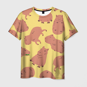 Мужская футболка 3D с принтом Паттенрн из капибар в Кировске, 100% полиэфир | прямой крой, круглый вырез горловины, длина до линии бедер | Тематика изображения на принте: capybara | kapibara | животное | капибара