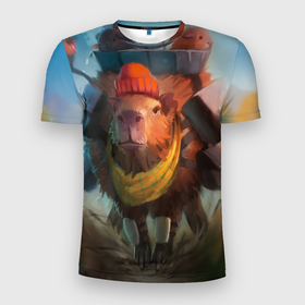 Мужская футболка 3D Slim с принтом Капибара спешит домой в Курске, 100% полиэстер с улучшенными характеристиками | приталенный силуэт, круглая горловина, широкие плечи, сужается к линии бедра | capybara | kapibara | животное | капибара