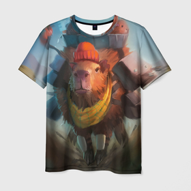 Мужская футболка 3D с принтом Капибара спешит домой в Новосибирске, 100% полиэфир | прямой крой, круглый вырез горловины, длина до линии бедер | capybara | kapibara | животное | капибара