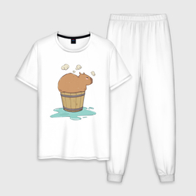 Мужская пижама хлопок с принтом Капибара на чиле , 100% хлопок | брюки и футболка прямого кроя, без карманов, на брюках мягкая резинка на поясе и по низу штанин
 | capybara | kapibara | животное | капибара