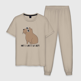 Мужская пижама хлопок с принтом Капибара в очках , 100% хлопок | брюки и футболка прямого кроя, без карманов, на брюках мягкая резинка на поясе и по низу штанин
 | capybara | kapibara | животное | капибара