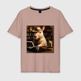 Мужская футболка хлопок Oversize с принтом Крутая капибара в баре в Белгороде, 100% хлопок | свободный крой, круглый ворот, “спинка” длиннее передней части | Тематика изображения на принте: бар | животные | звери | капибара
