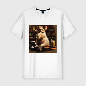 Мужская футболка хлопок Slim с принтом Крутая капибара в баре в Белгороде, 92% хлопок, 8% лайкра | приталенный силуэт, круглый вырез ворота, длина до линии бедра, короткий рукав | Тематика изображения на принте: бар | животные | звери | капибара