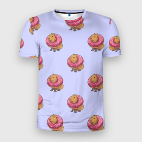 Мужская футболка 3D Slim с принтом Капибара в пончике паттерн в Тюмени, 100% полиэстер с улучшенными характеристиками | приталенный силуэт, круглая горловина, широкие плечи, сужается к линии бедра | capybara | kapibara | животное | капибара | пончик | пончики