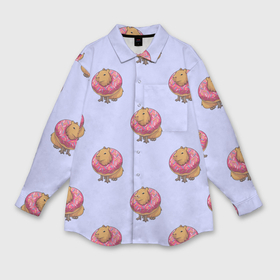 Мужская рубашка oversize 3D с принтом Капибара в пончике паттерн в Курске,  |  | capybara | kapibara | животное | капибара | пончик | пончики