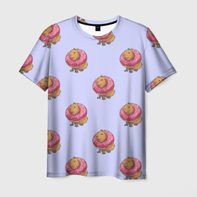 Мужская футболка 3D с принтом Капибара в пончике паттерн в Тюмени, 100% полиэфир | прямой крой, круглый вырез горловины, длина до линии бедер | Тематика изображения на принте: capybara | kapibara | животное | капибара | пончик | пончики