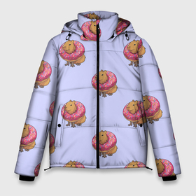 Мужская зимняя куртка 3D с принтом Капибара в пончике паттерн в Тюмени, верх — 100% полиэстер; подкладка — 100% полиэстер; утеплитель — 100% полиэстер | длина ниже бедра, свободный силуэт Оверсайз. Есть воротник-стойка, отстегивающийся капюшон и ветрозащитная планка. 

Боковые карманы с листочкой на кнопках и внутренний карман на молнии. | Тематика изображения на принте: capybara | kapibara | животное | капибара | пончик | пончики