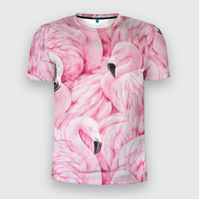 Мужская футболка 3D Slim с принтом Pink Flamingos в Тюмени, 100% полиэстер с улучшенными характеристиками | приталенный силуэт, круглая горловина, широкие плечи, сужается к линии бедра | Тематика изображения на принте: flamingos | паттерн | птицы | розовый фламинго | фламинго