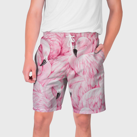 Мужские шорты 3D с принтом Pink Flamingos в Санкт-Петербурге,  полиэстер 100% | прямой крой, два кармана без застежек по бокам. Мягкая трикотажная резинка на поясе, внутри которой широкие завязки. Длина чуть выше колен | Тематика изображения на принте: flamingos | паттерн | птицы | розовый фламинго | фламинго