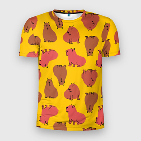 Мужская футболка 3D Slim с принтом Паттерн с капибарами в Екатеринбурге, 100% полиэстер с улучшенными характеристиками | приталенный силуэт, круглая горловина, широкие плечи, сужается к линии бедра | Тематика изображения на принте: capybara | kapibara | животное | капибара