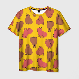 Мужская футболка 3D с принтом Паттерн с капибарами , 100% полиэфир | прямой крой, круглый вырез горловины, длина до линии бедер | Тематика изображения на принте: capybara | kapibara | животное | капибара