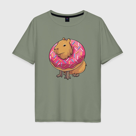 Мужская футболка хлопок Oversize с принтом Капибара и пончик в Новосибирске, 100% хлопок | свободный крой, круглый ворот, “спинка” длиннее передней части | capybara | kapibara | животное | капибара