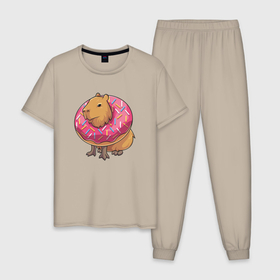 Мужская пижама хлопок с принтом Капибара и пончик в Кировске, 100% хлопок | брюки и футболка прямого кроя, без карманов, на брюках мягкая резинка на поясе и по низу штанин
 | capybara | kapibara | животное | капибара