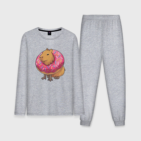 Мужская пижама с лонгсливом хлопок с принтом Капибара и пончик ,  |  | capybara | kapibara | животное | капибара