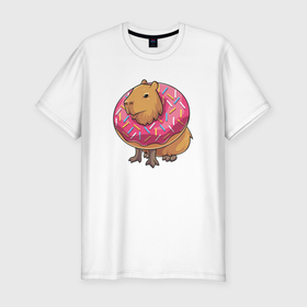 Мужская футболка хлопок Slim с принтом Капибара и пончик , 92% хлопок, 8% лайкра | приталенный силуэт, круглый вырез ворота, длина до линии бедра, короткий рукав | capybara | kapibara | животное | капибара