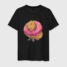 Мужская футболка хлопок с принтом Капибара и пончик в Новосибирске, 100% хлопок | прямой крой, круглый вырез горловины, длина до линии бедер, слегка спущенное плечо. | capybara | kapibara | животное | капибара
