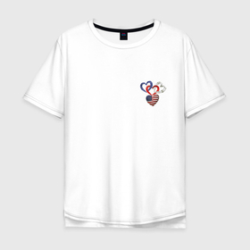 Мужская футболка хлопок Oversize с принтом Американский флаг блестящими сердечками в Петрозаводске, 100% хлопок | свободный крой, круглый ворот, “спинка” длиннее передней части | Тематика изображения на принте: 3д | америка | блестящий | звезды | перламутровый | сердечки | сша | флаг
