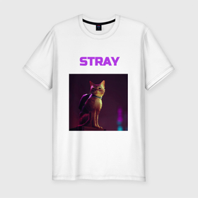 Мужская футболка хлопок Slim с принтом STRAY  HK Project , 92% хлопок, 8% лайкра | приталенный силуэт, круглый вырез ворота, длина до линии бедра, короткий рукав | cat | cyberpunk | game | ps4 | ps5 | quest | robots | игра | кот | приключения