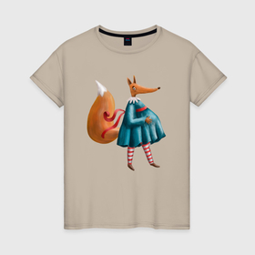 Женская футболка хлопок с принтом Беременная лисица в Санкт-Петербурге, 100% хлопок | прямой крой, круглый вырез горловины, длина до линии бедер, слегка спущенное плечо | лис | лиса | лиса в платье | лисица | модница