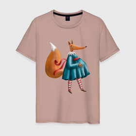 Мужская футболка хлопок с принтом Беременная лисица в Екатеринбурге, 100% хлопок | прямой крой, круглый вырез горловины, длина до линии бедер, слегка спущенное плечо. | Тематика изображения на принте: лис | лиса | лиса в платье | лисица | модница
