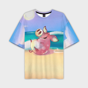 Мужская футболка oversize 3D с принтом Свинка на пляже хохочет в Кировске,  |  | свин | свинка | свинья | свинья смеется | смех | хохочет