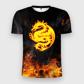 Мужская футболка 3D Slim с принтом Огнедышащий дракон и пламя в Санкт-Петербурге, 100% полиэстер с улучшенными характеристиками | приталенный силуэт, круглая горловина, широкие плечи, сужается к линии бедра | Тематика изображения на принте: дракон | дым | костер | огонь | пламя | символ