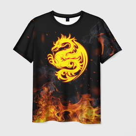 Мужская футболка 3D с принтом Огнедышащий дракон и пламя , 100% полиэфир | прямой крой, круглый вырез горловины, длина до линии бедер | дракон | дым | костер | огонь | пламя | символ