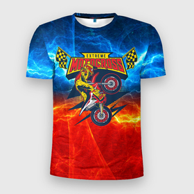 Мужская футболка 3D Slim с принтом Extreme motocross fire в Тюмени, 100% полиэстер с улучшенными характеристиками | приталенный силуэт, круглая горловина, широкие плечи, сужается к линии бедра | extreme | moto | motocross | мото | мотокросс | мотоцикл | мотоциклист | экстрим