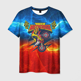 Мужская футболка 3D с принтом Extreme motocross fire в Курске, 100% полиэфир | прямой крой, круглый вырез горловины, длина до линии бедер | extreme | moto | motocross | мото | мотокросс | мотоцикл | мотоциклист | экстрим