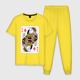 Мужская пижама хлопок с принтом Игральная карта   дама   королева в Тюмени, 100% хлопок | брюки и футболка прямого кроя, без карманов, на брюках мягкая резинка на поясе и по низу штанин
 | abstraction | card | colorful | colors | graphics | meme | memes | patt | playing cards | queen | surrealism | sweethuman | sweethumen | абстракция | арт | графика | дама | игральные карты | искусство | карта | мем | мемы | разноцветный | сюрреализм | узо