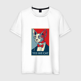 Мужская футболка хлопок с принтом Yes   We Cat , 100% хлопок | прямой крой, круглый вырез горловины, длина до линии бедер, слегка спущенное плечо. | Тематика изображения на принте: cat | obey | животные | китти | кот | котенок | котэ | кошечка | кошка | мяу