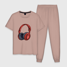 Мужская пижама хлопок с принтом RedHeadPhones в Курске, 100% хлопок | брюки и футболка прямого кроя, без карманов, на брюках мягкая резинка на поясе и по низу штанин
 | headphones | комикс | музыка | наушники | рисунок