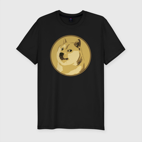 Мужская футболка хлопок Slim с принтом Пёсик Доге в круге в Тюмени, 92% хлопок, 8% лайкра | приталенный силуэт, круглый вырез ворота, длина до линии бедра, короткий рукав | coin | crypto | cryptocurrency | dog | doge | dogecoin | meme | memes | money | puppy | sweethuman | sweethumen | деньги | доге | догекоин | дож | крипто | криптовалюта | мем | мемы | монета | пёс | песик | собака | собачка | щенок