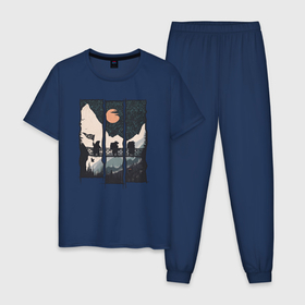 Мужская пижама хлопок с принтом Оранжевая луна и хайкинг в Новосибирске, 100% хлопок | брюки и футболка прямого кроя, без карманов, на брюках мягкая резинка на поясе и по низу штанин
 | Тематика изображения на принте: 