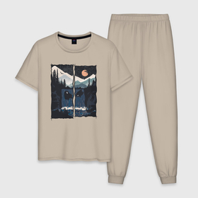 Мужская пижама хлопок с принтом Оранжевая Луна и прыжки с водопада в Петрозаводске, 100% хлопок | брюки и футболка прямого кроя, без карманов, на брюках мягкая резинка на поясе и по низу штанин
 | Тематика изображения на принте: 
