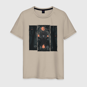 Мужская футболка хлопок с принтом Оранжевая луна и медведь шаман в Санкт-Петербурге, 100% хлопок | прямой крой, круглый вырез горловины, длина до линии бедер, слегка спущенное плечо. | 