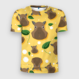 Мужская футболка 3D Slim с принтом Капибары паттерн в Новосибирске, 100% полиэстер с улучшенными характеристиками | приталенный силуэт, круглая горловина, широкие плечи, сужается к линии бедра | capybara | patern | pattern | грызун | грызуны | капибара | капибары | патерн | паттерн