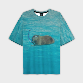 Мужская футболка oversize 3D с принтом Подводный капибару в Тюмени,  |  | Тематика изображения на принте: capybara | водосвинка | грызун | грызуны | капибара | капибары | под водой | подводный капибару