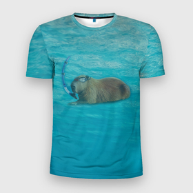 Мужская футболка 3D Slim с принтом Подводный капибару , 100% полиэстер с улучшенными характеристиками | приталенный силуэт, круглая горловина, широкие плечи, сужается к линии бедра | Тематика изображения на принте: capybara | водосвинка | грызун | грызуны | капибара | капибары | под водой | подводный капибару